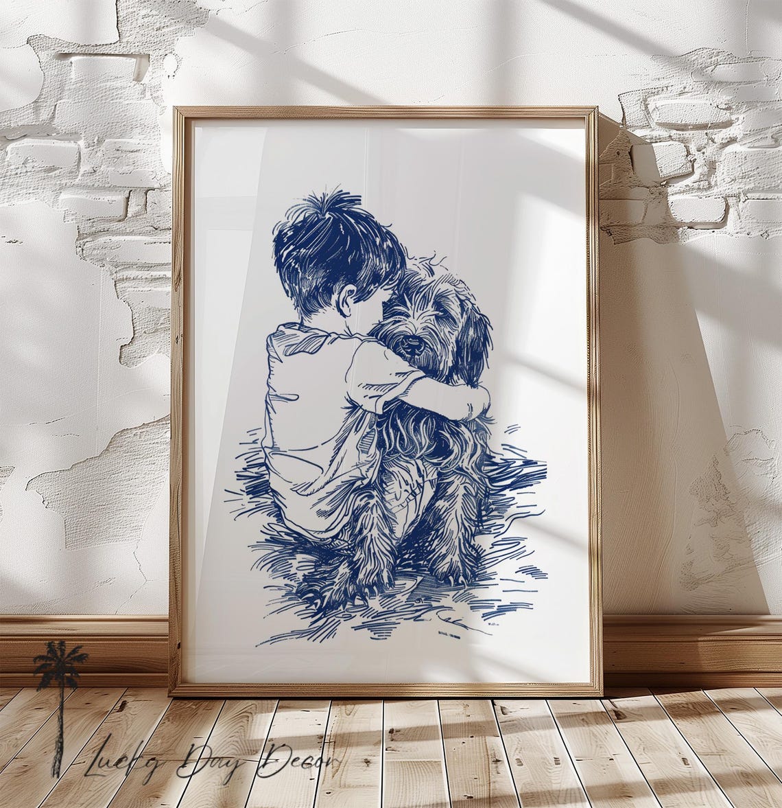 Boy Hugging Shaggy Dog Navy Blue Sketch Coastal Nursery Art Poster