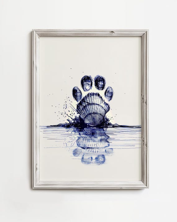 Seashell Dog Print Delightful Coastal Art Fun Ocean Beach Shell Cottage Water Decor Minimalist Blue Sketch