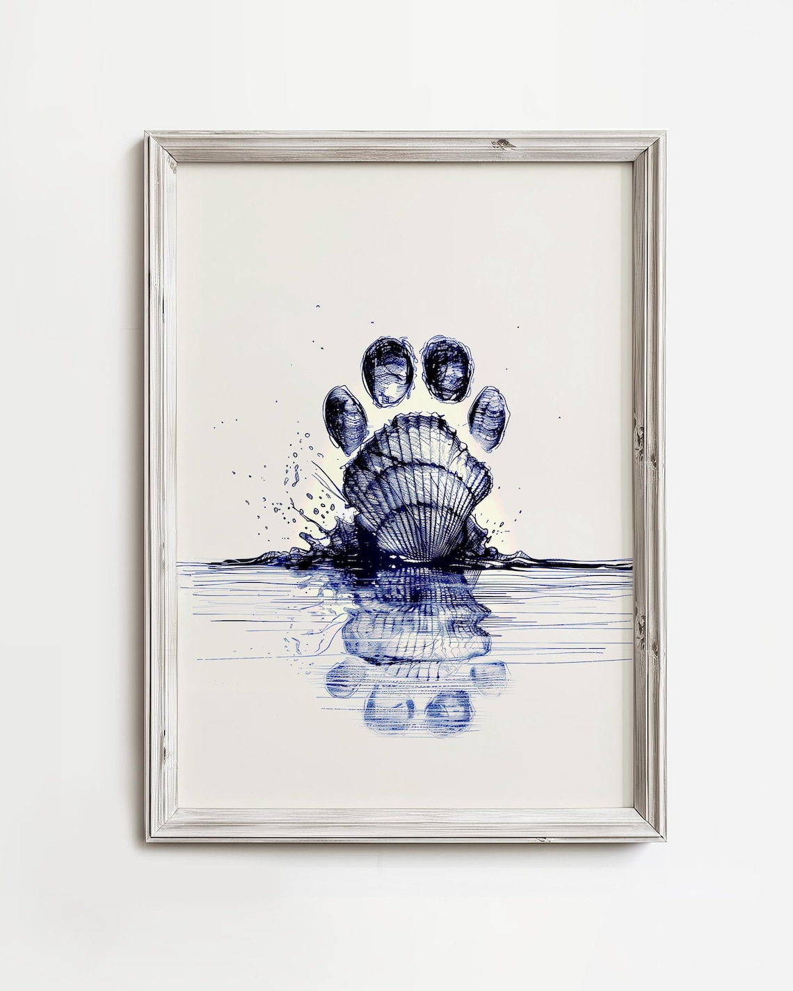 Seashell Dog Paw Mark Rising From Ocean Waves Ink Art Poster