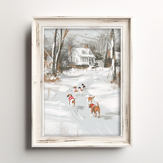 Happy Dogs in Red Scarves Running Through a Snowy Village Street Poster