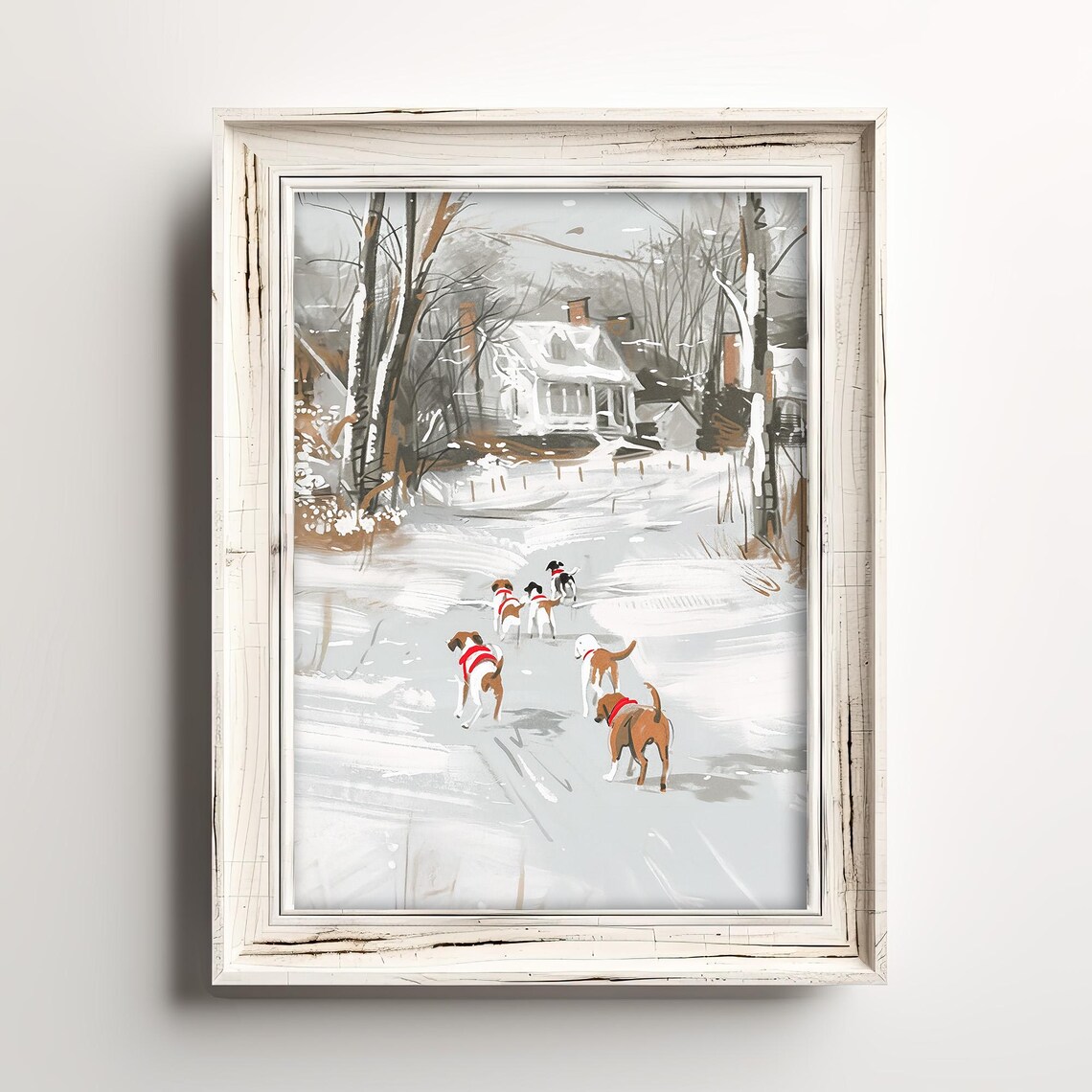 Happy Dogs in Red Scarves Running Through a Snowy Village Street Poster