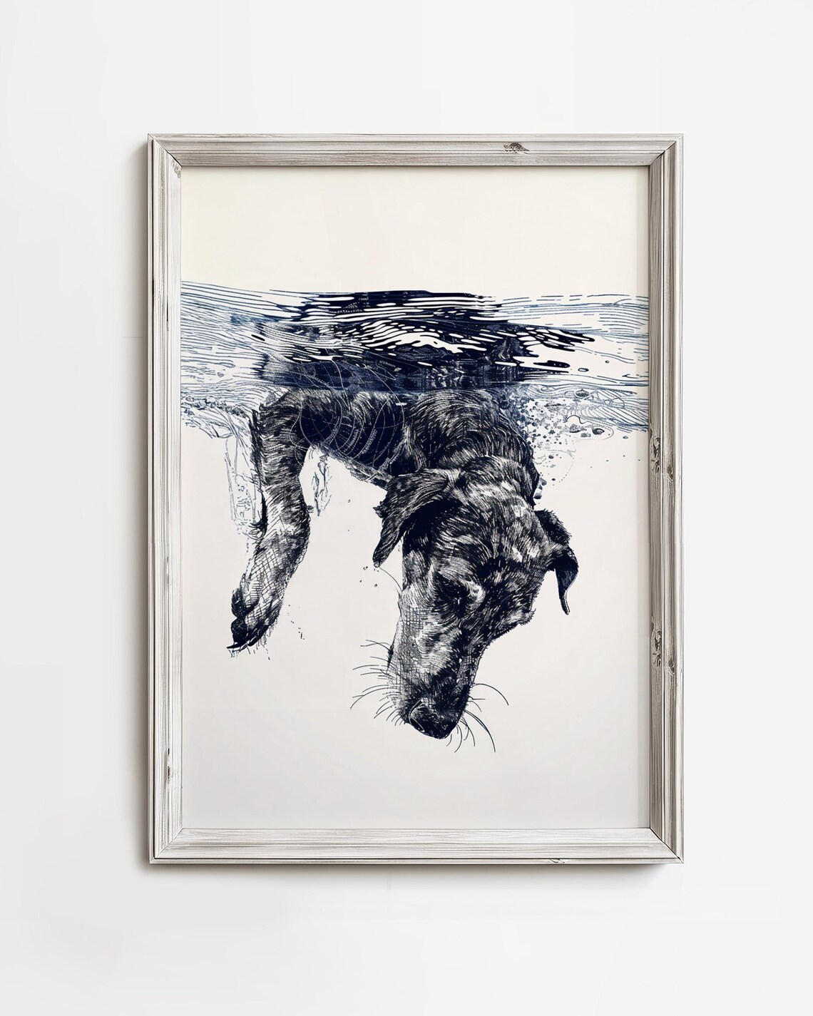 Playful Dog Diving Swim Navy Ink Sketch Underwater Art Poster