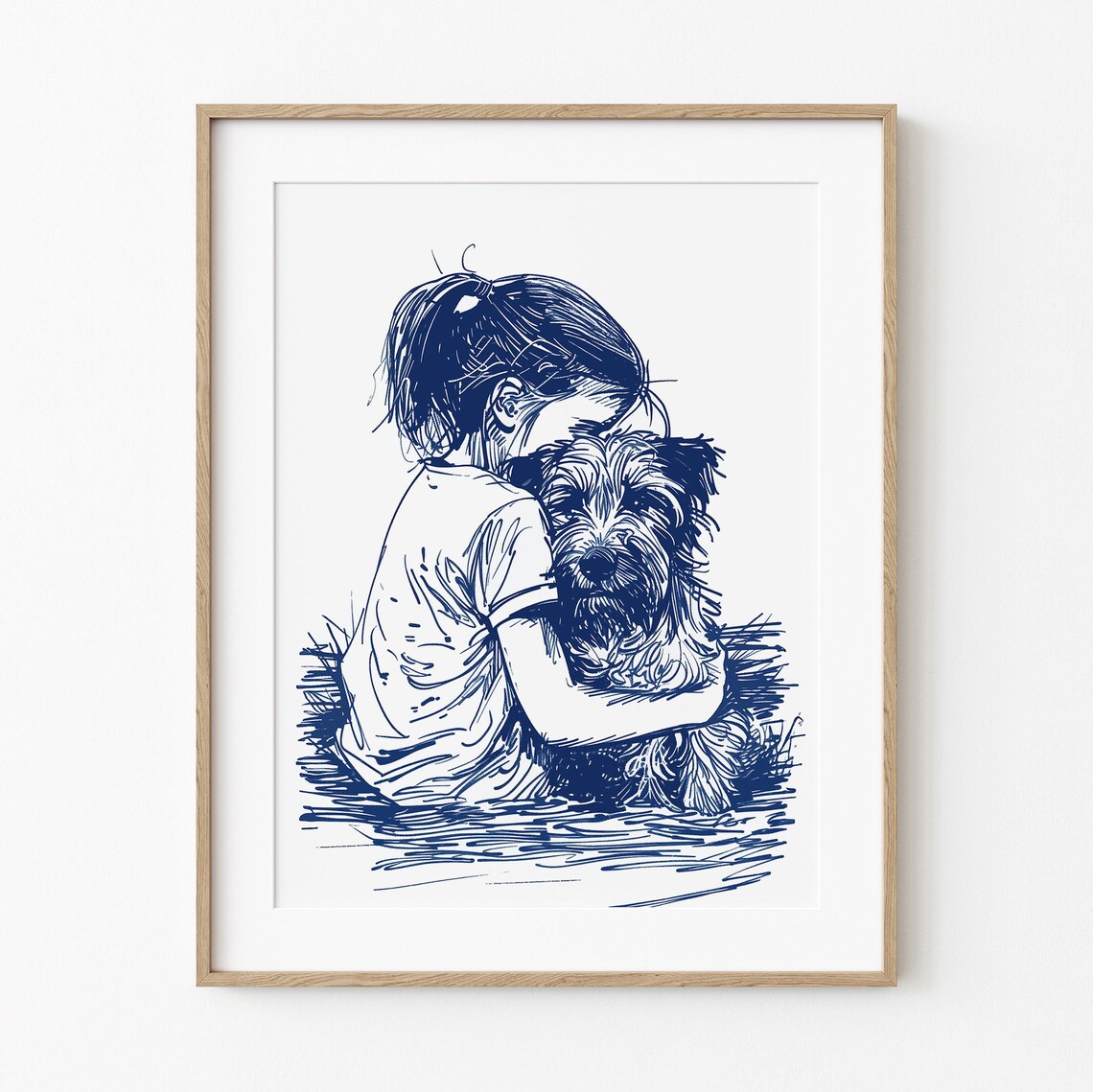 Girl Hugging Her Beach Dog Coastal Art Print