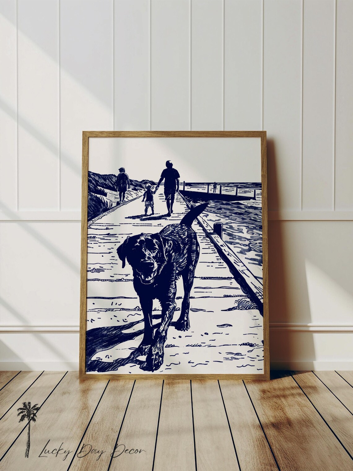 Labrador Strolling Pier Beach Dogs Vintage Coastal Art Print