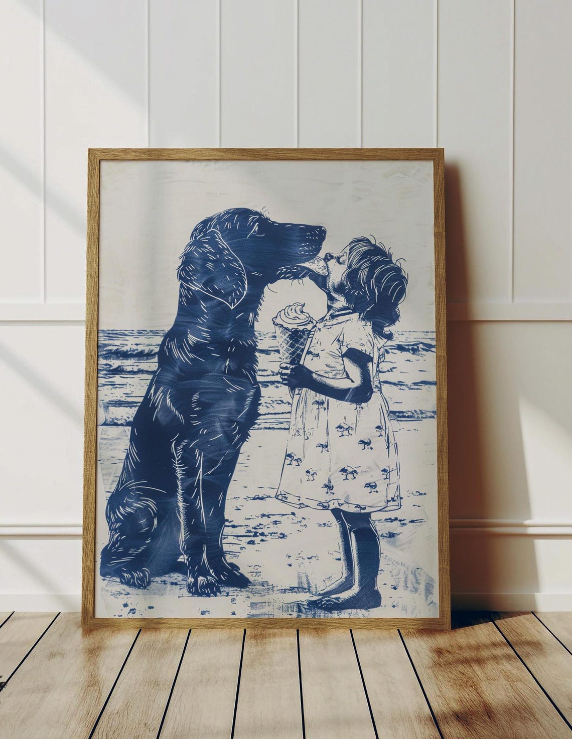 Girl And Dog Sharing Ice Cream On Beach Blue Ink Coastal Art Poster