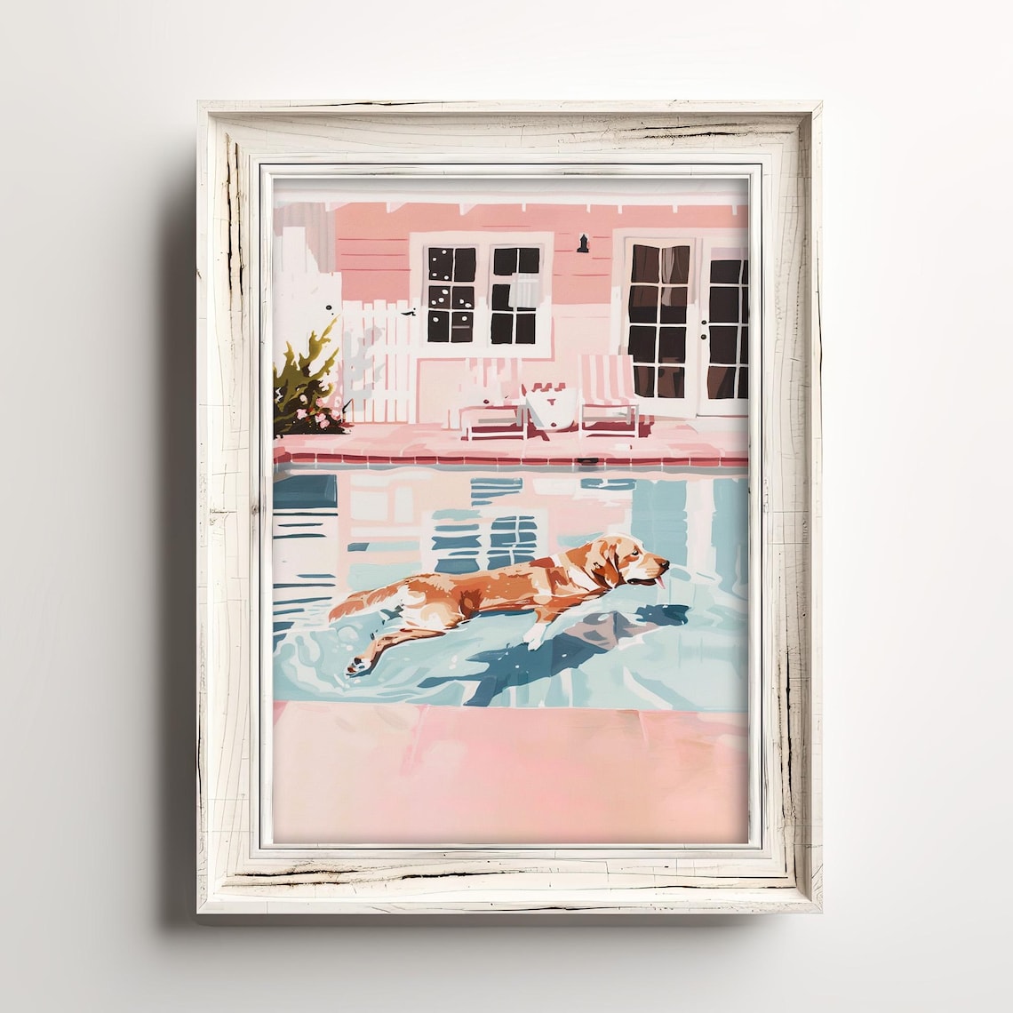Golden Dog Diving Pool Pink House Retro Summer Day Fun Art Poster