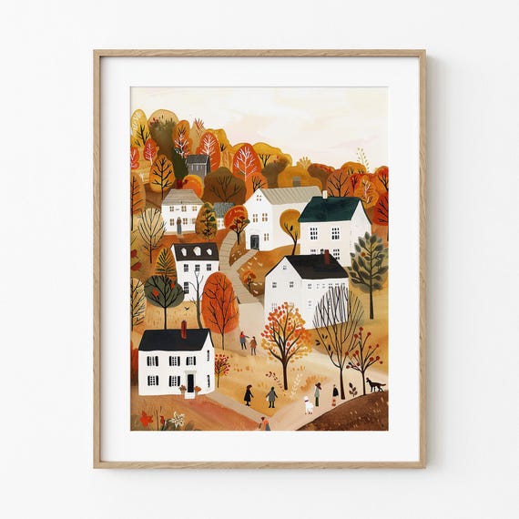 Folk Village In Autumn Fall Vintage Art Print Rustic Colorful Town Painting Lover Wall Decor Cozy Warm Tone