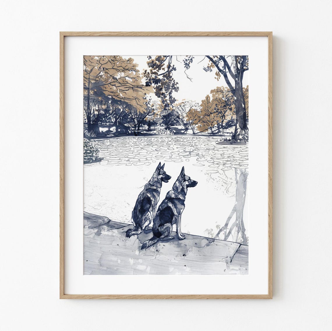 Two German Shepherds Sitting by Autumn Lake Watercolor Poster