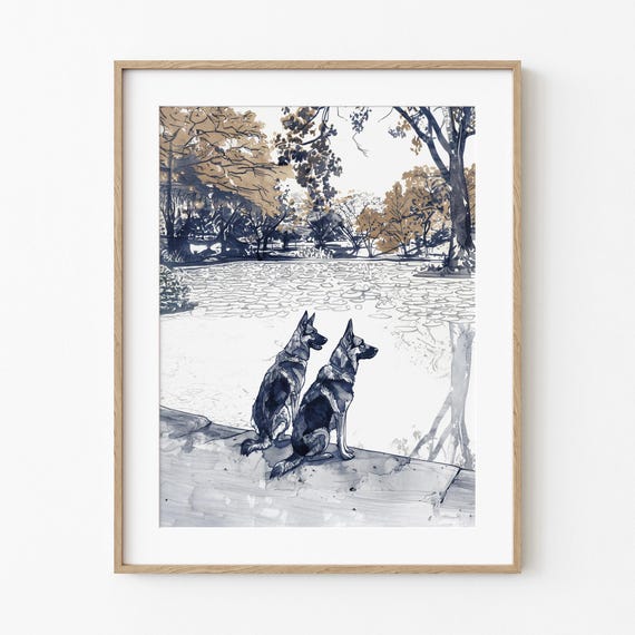 Shepherds In Autumn Park Peaceful Dogs Fall Dog Sketch Art Lover Print Season Wall Decor Warm Brown Blues