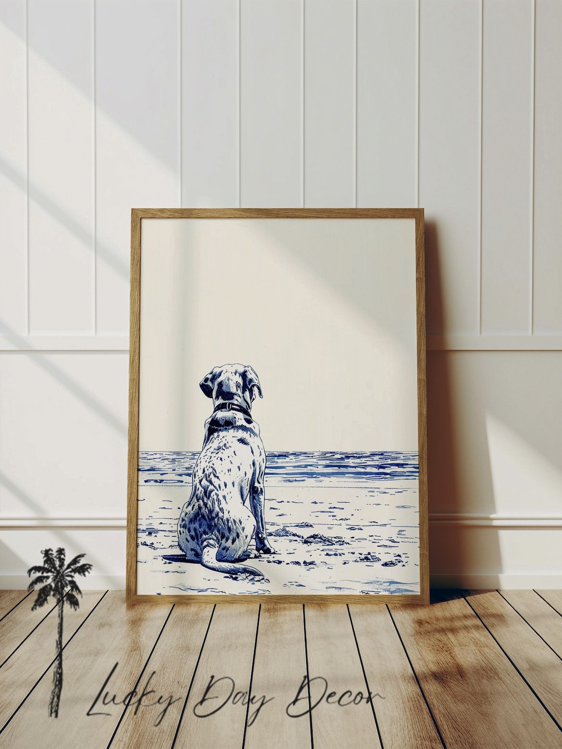 Spotted Dalmatian Dog on the Beach Blue Ink Coastal Sketch Poster