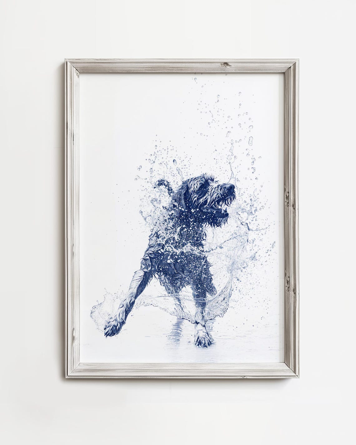 Wet Golden Doodle Shaking Water Blue Monochrome Sketch Dog Poster