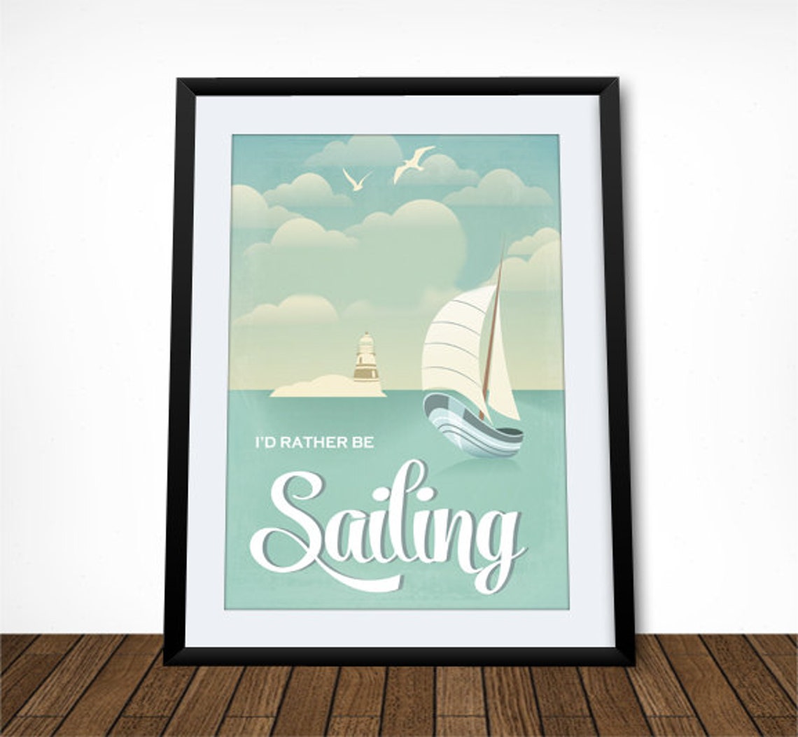 Id Rather Be Sailing Sailboat Lighthouse Nautical Quote Poster - Image 2
