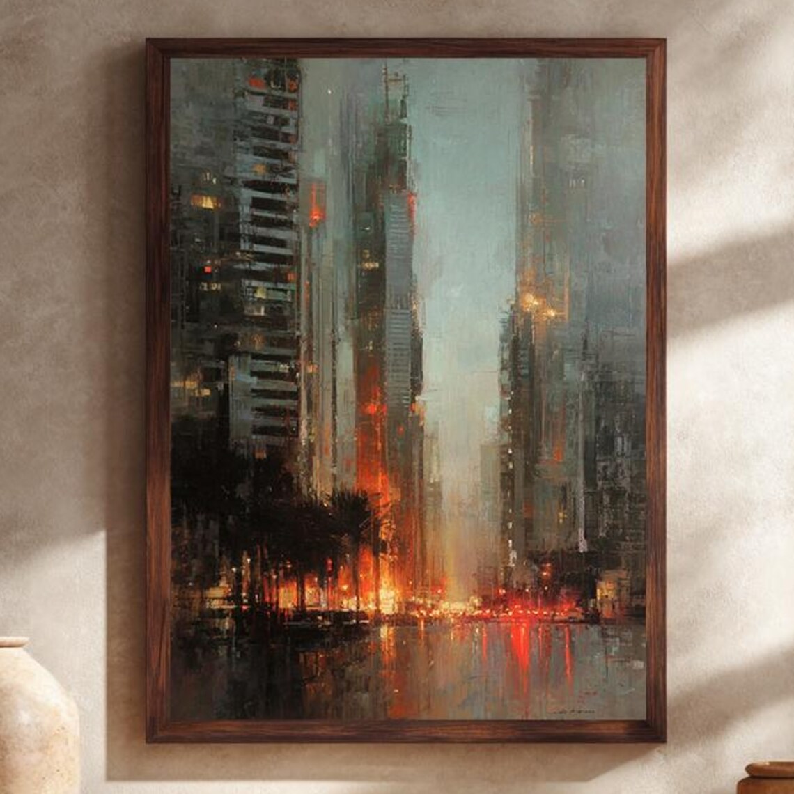 City Skyscrapers Night Lights Abstract Urban Painting Poster