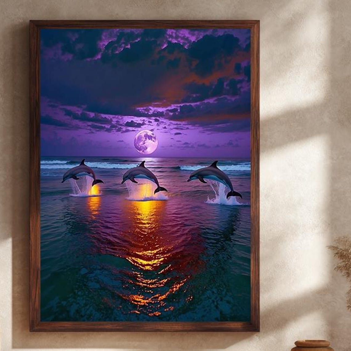 Three Dolphins Leaping Under Purple Moonlight Ocean Night Sky Poster