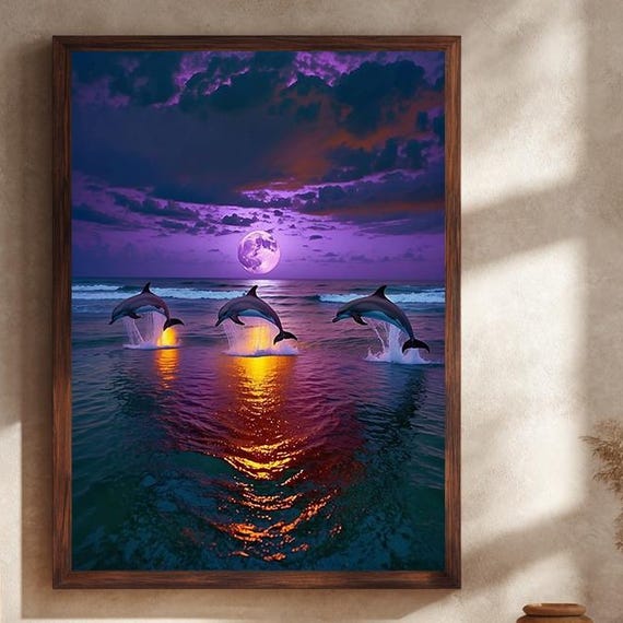 Moonlit Dolphins Ocean Canvas Wall Art Purple Night Sky With Full Moon And Jumping Fantasy Coastal Decor