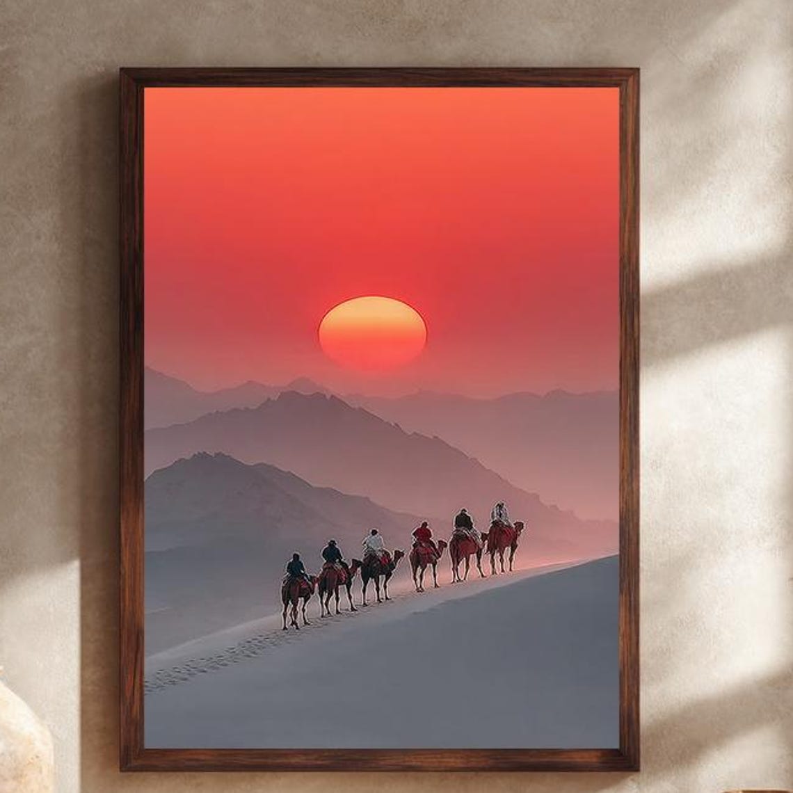 Desert Camel Caravan Sunset Dunes Red Sky Exotic Landscape Poster