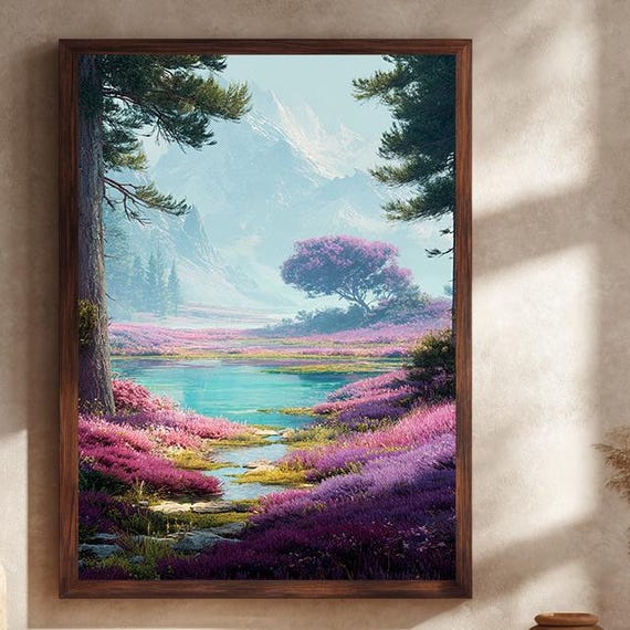 Fantasy Mountain Landscape Canvas Wall Art Vibrant Purple Meadow Turquoise Lake And Snowcapped Peaks Nature Painting