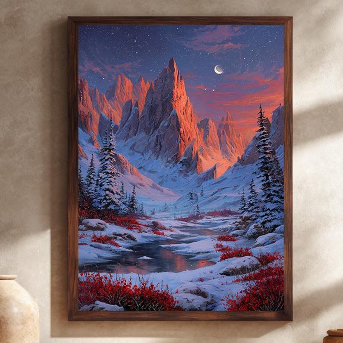 Snowy Mountain Sunset Canvas Winter Landscape Starry Night Scene Poster