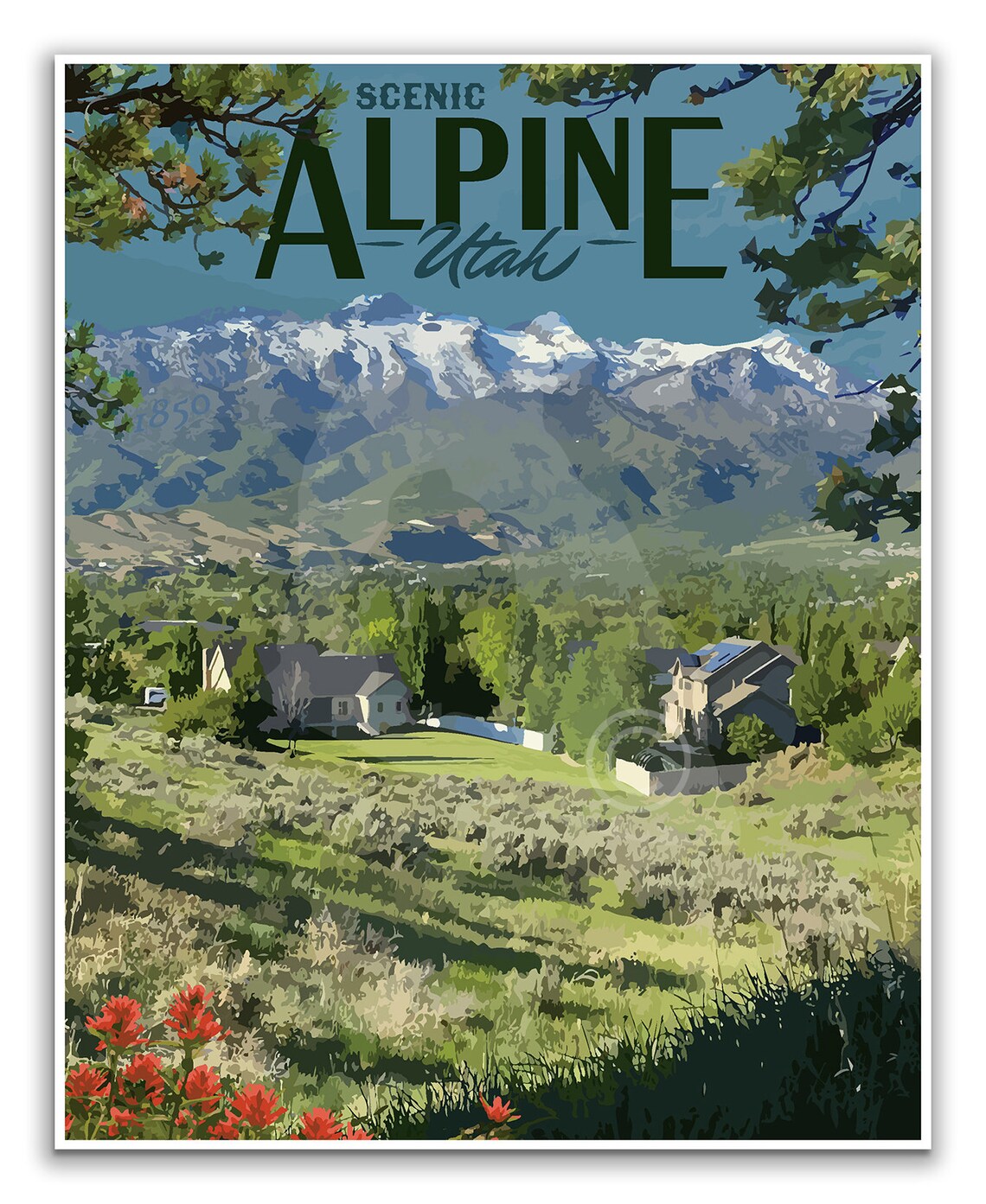 Alpine Utah Snow Capped Lone Peak Mountain Valley Travel Poster - Image 3