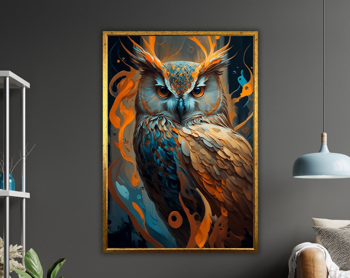 Great Horned Owl Digital Painting Blue Orange Fantasy Bird Art Poster