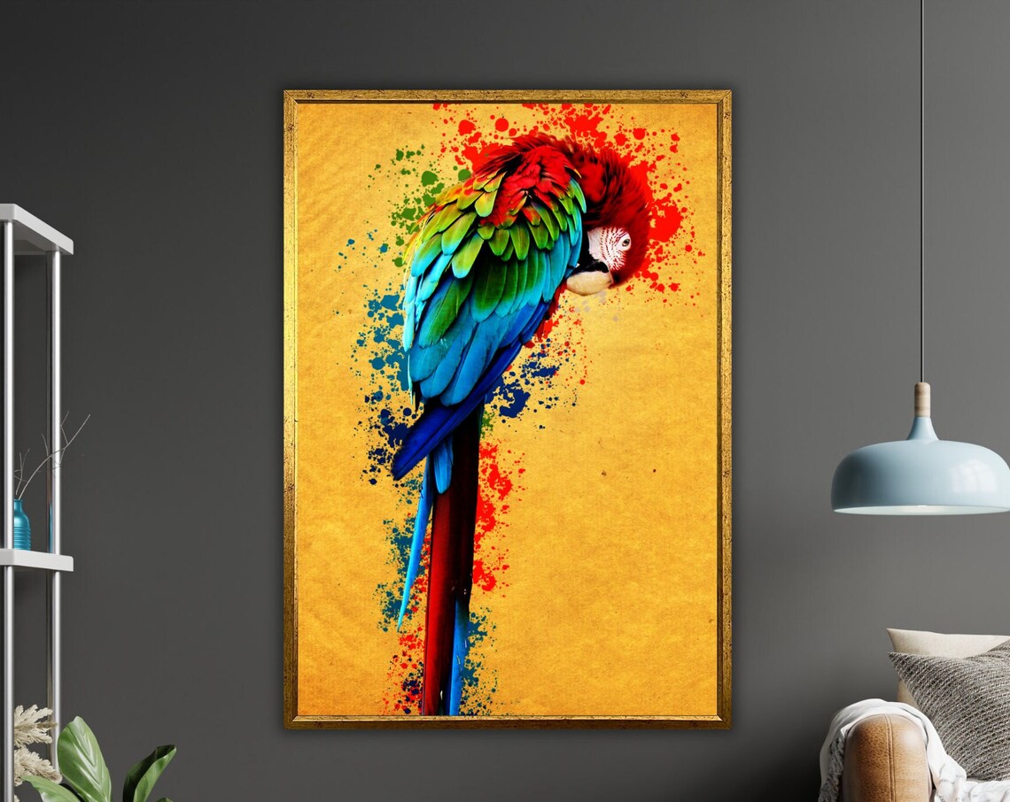 Colorful Macaw Parrot On Golden Background Paint Splash Art Poster
