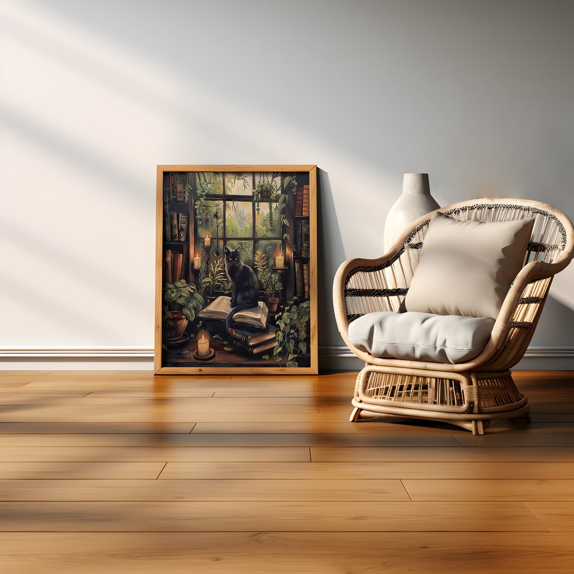 Black Cat Cottage Library Art Print, Dark Academia - Image 3