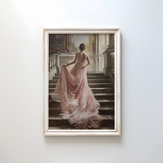 Woman In Blush Pink Gown Ascending Grand Staircase Portrait Poster