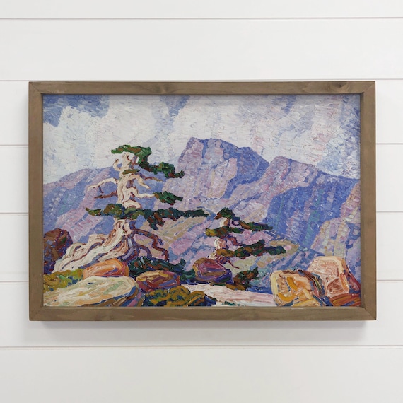 Windswept Tree Mountain Landscape Impressionist Purple Peak Art Poster