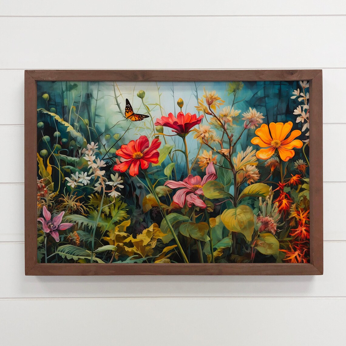 Vibrant Cosmos Flower Garden with Monarch Butterfly Painting Poster