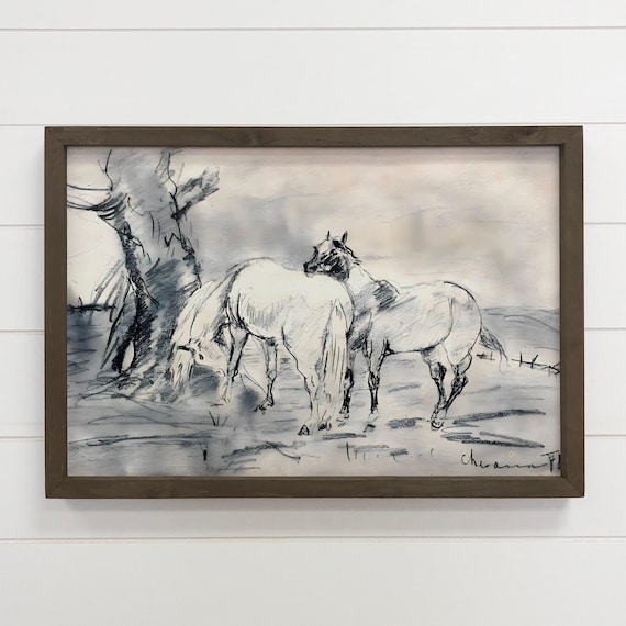 Charcoal Sketch of Two Horses Grazing Monochrome Equestrian Art Poster