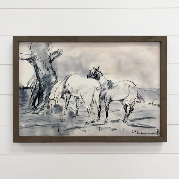 Horses Sketch Framed Animal Decor Ranch House Wall Art Wooden Sign
