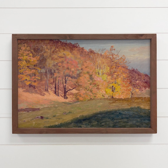 Autumn Woods Vintage Painting Mountain Canvas Art Framed Wooden Sign