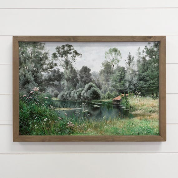 Green Landscape Painting With Frame Pond In Spring Canvas Art Wood Framed