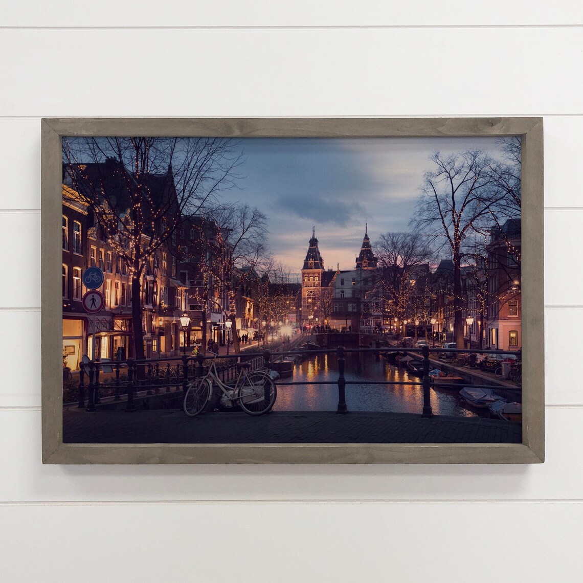 Amsterdam Evening Canal Bridge with Bicycle City Lights Night Poster