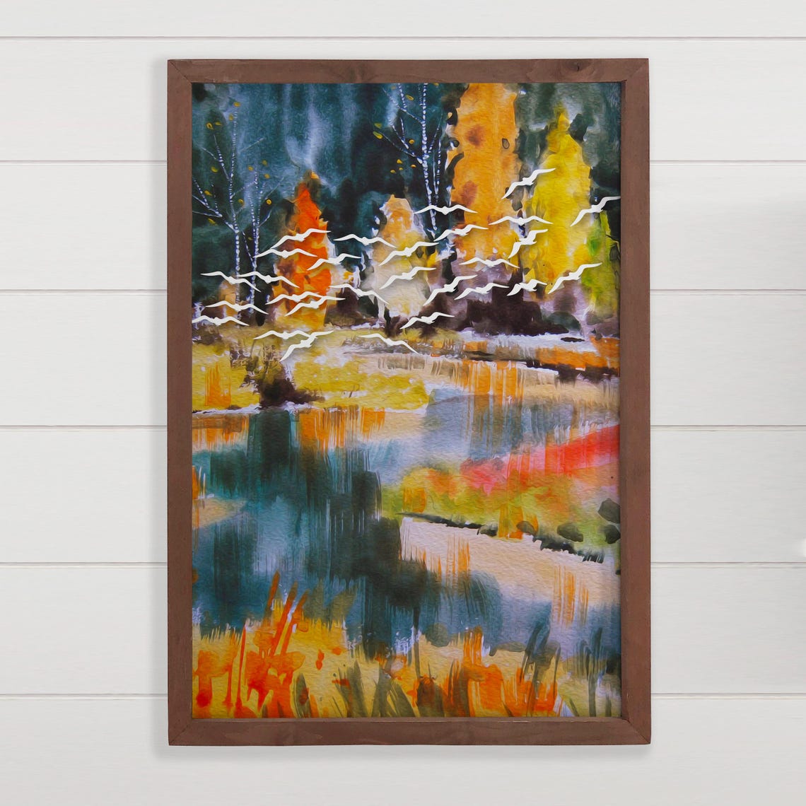 White Geese Flying Over Golden Autumn Lake Watercolor Wall Art