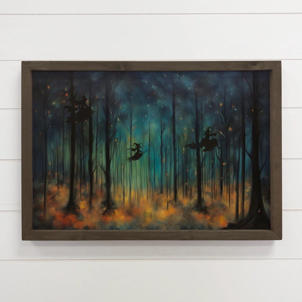 Halloween Witch Painting Dark Forest Canvas Art Wood Framed Decor