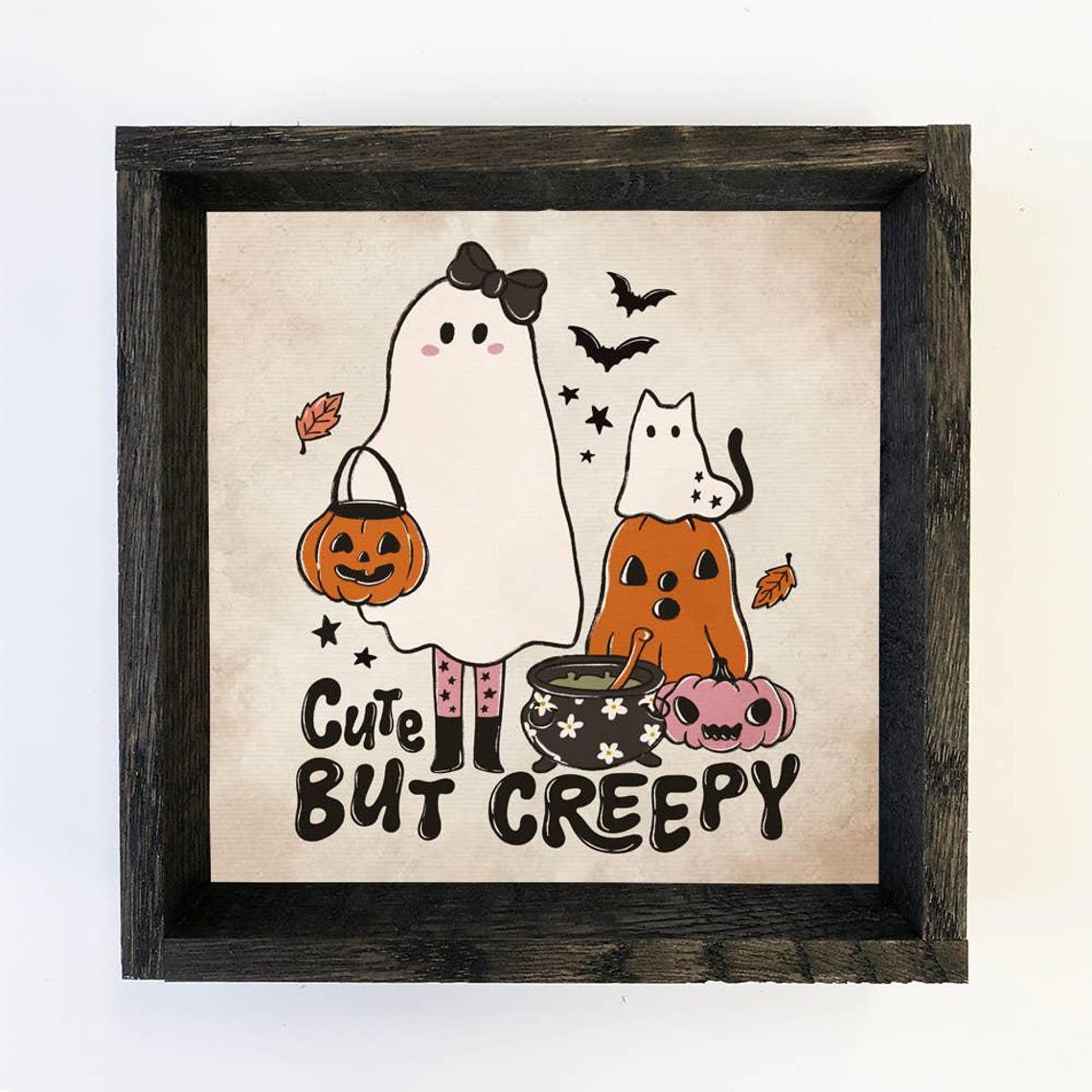 Cute But Creepy Pumpkin Halloween Sign Wood Framed