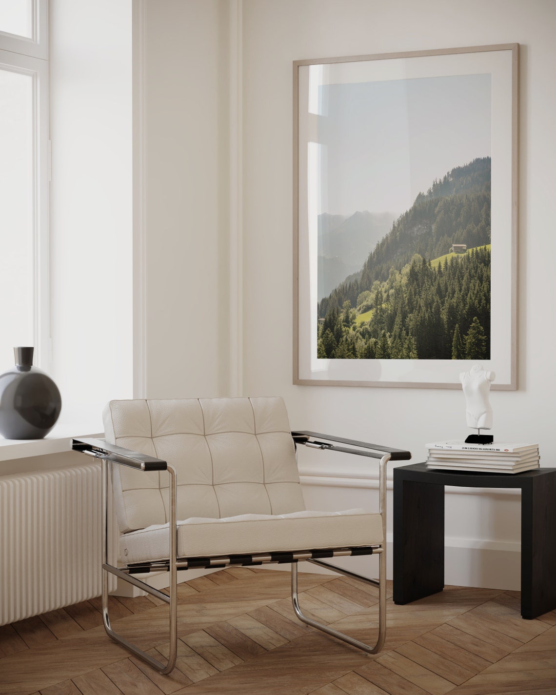 Serene Alpine Mountain Forest Cabin Misty Valley Nature Print - Image 2