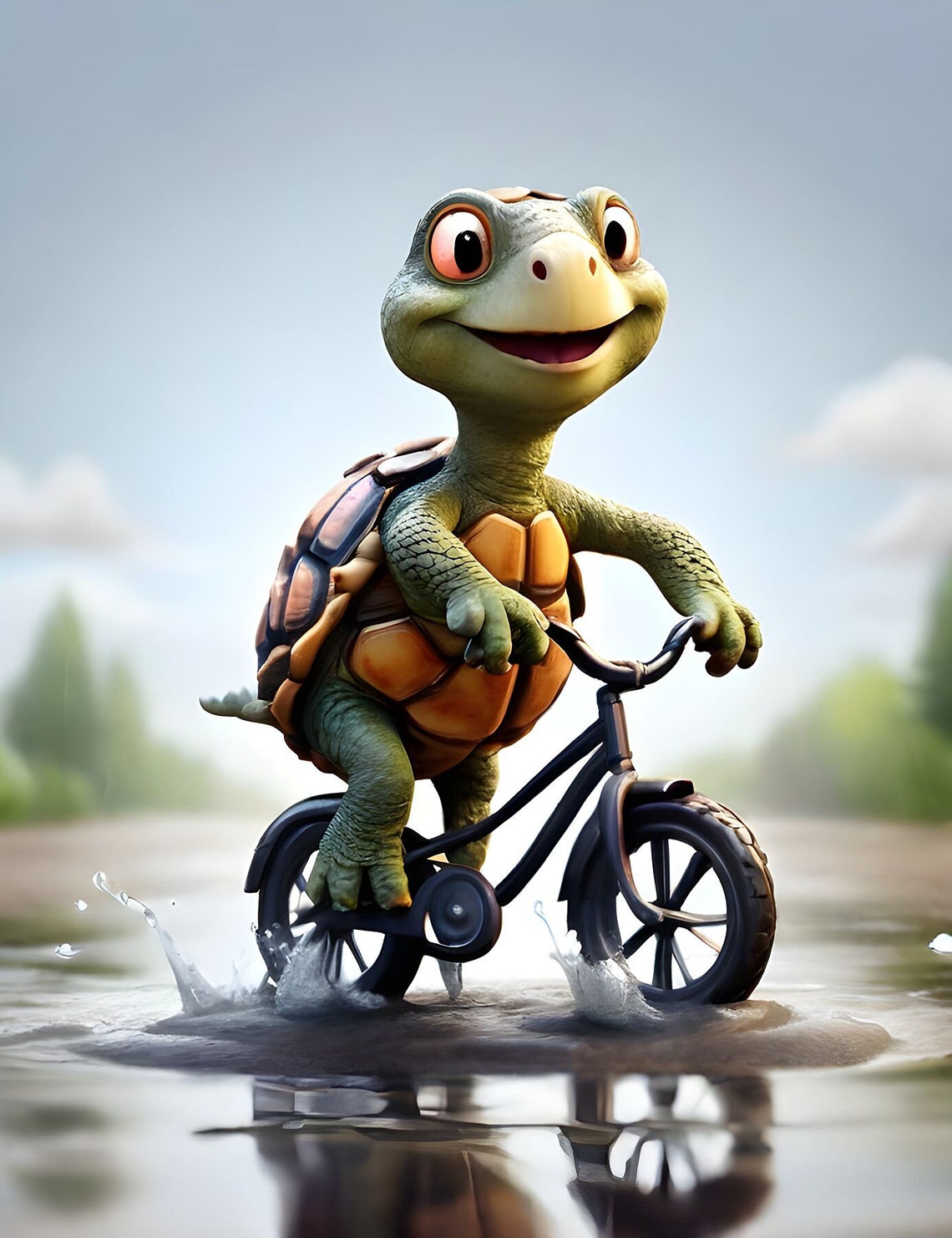 Funny Tortoise Riding a Bicycle Through Puddles Animal Poster