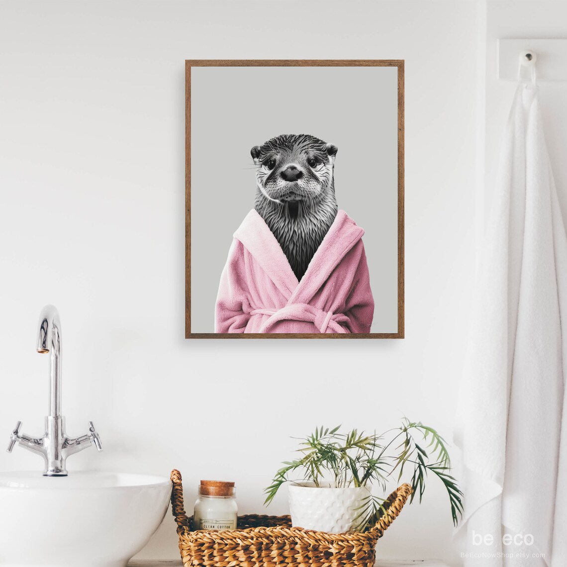 Otter Wrapped in a Pink Bathrobe Black White Playful Bathroom Animal Print