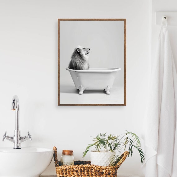 Lion In Bathtub Print Funny Bathroom Wall Art