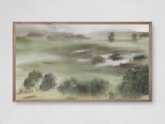 Abstract Misty Meadow Watercolor Soft Sage Green Landscape Art Poster