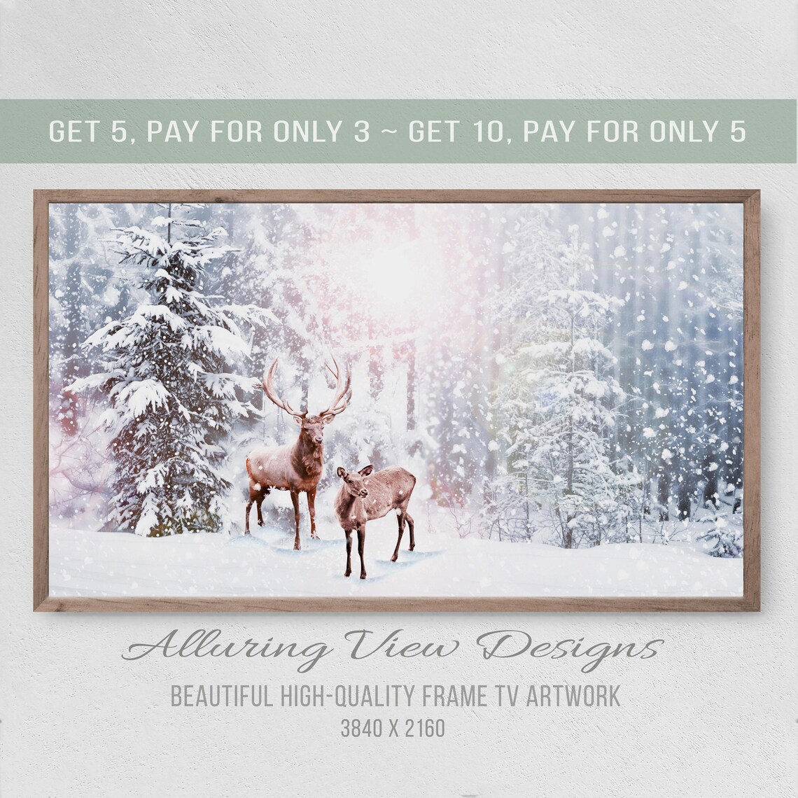 Christmas Deer in the Snow Art Print, Holiday Decor