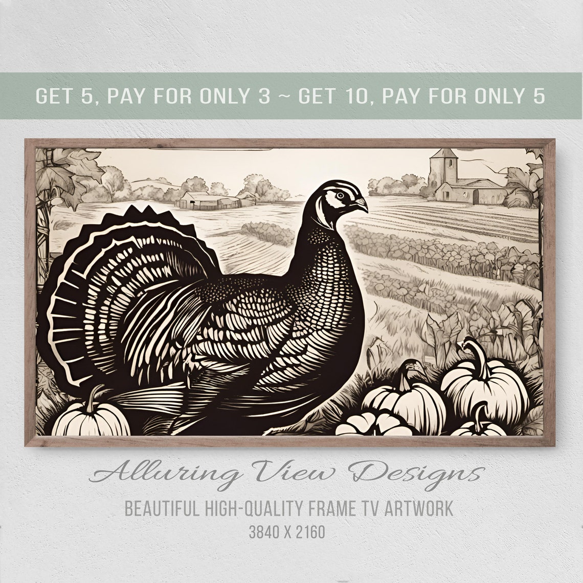 Vintage Thanksgiving Turkey Farm Landscape Sepia Engraving Art Print
