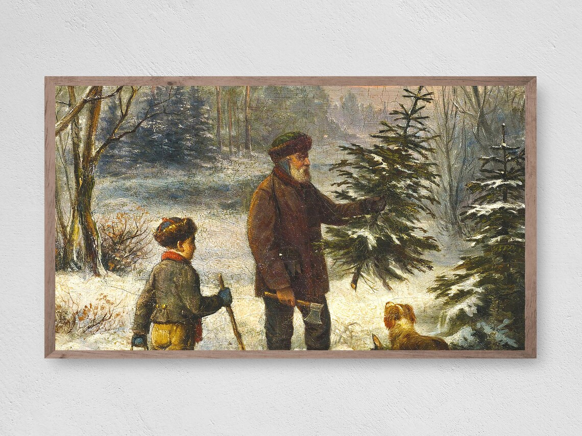 Cutting the Christmas Tree Vintage Winter Oil Painting Family Poster