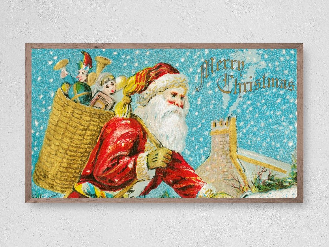 Vintage Santa Toy Basket Merry Christmas Retro Holiday Art Print