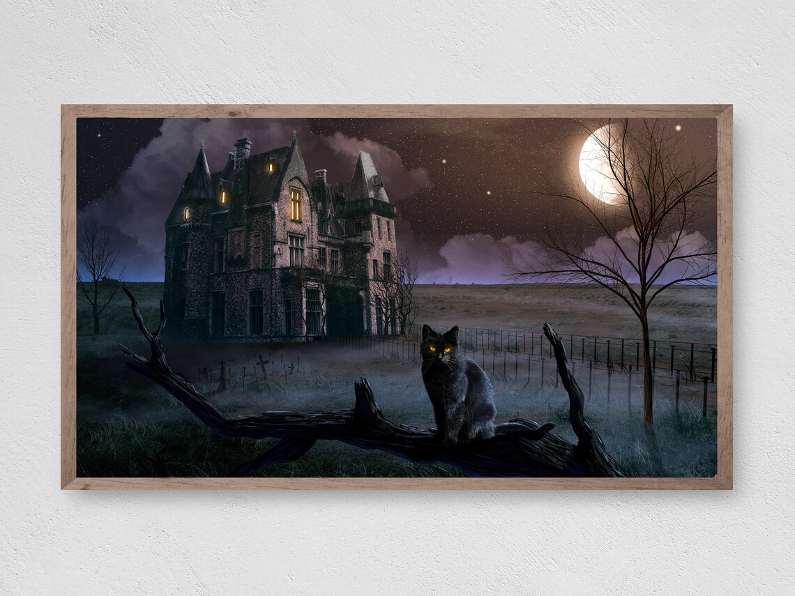 Halloween Cat Art Print, Halloween TV Art