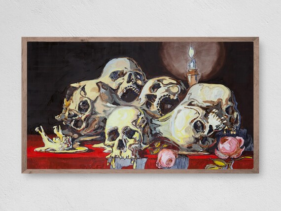 Dark Gothic Skull Still Life Candle Roses Moody Painting Wall Art