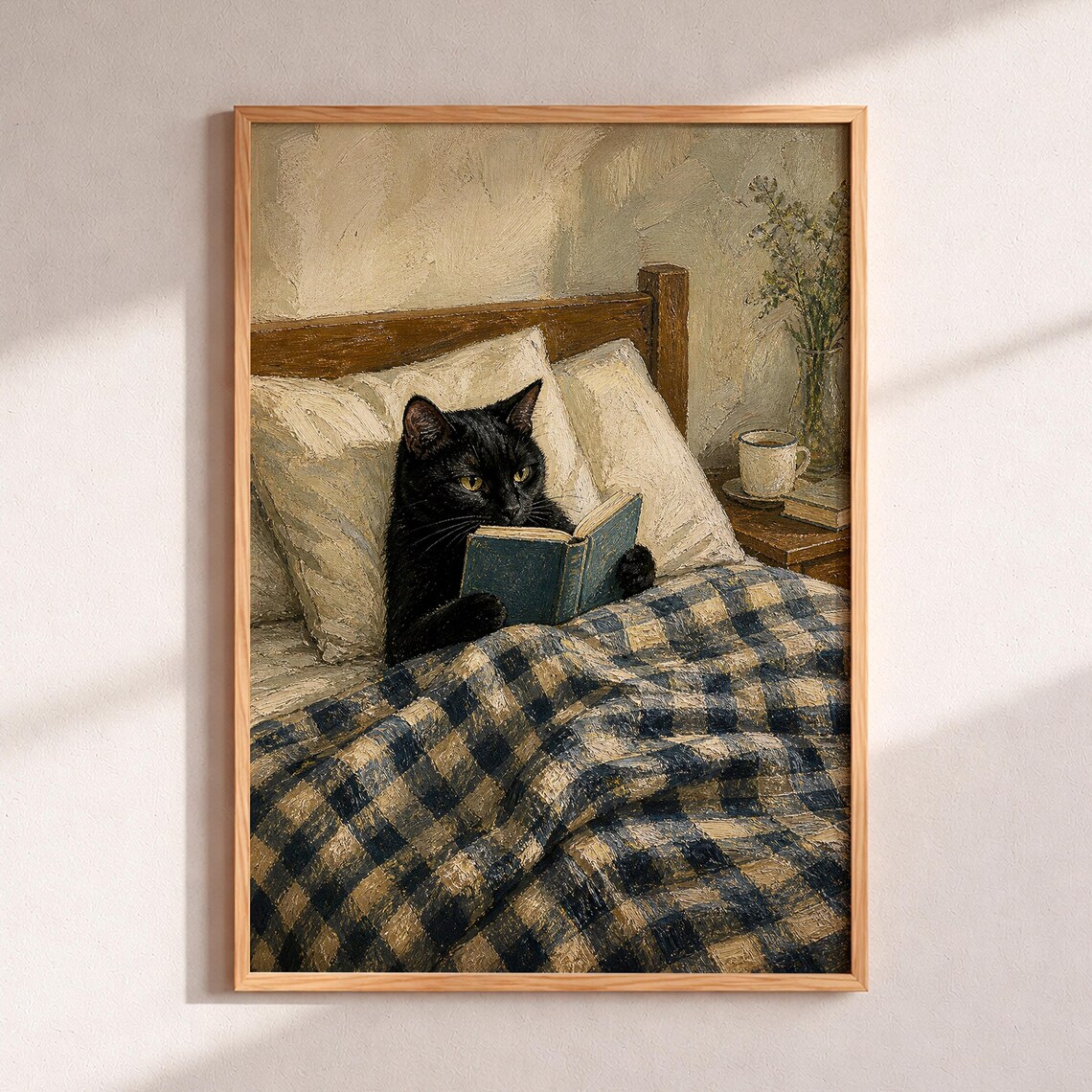 Black Cat Reading Book In Bed Cozy Vintage Oil Painting Wall Art