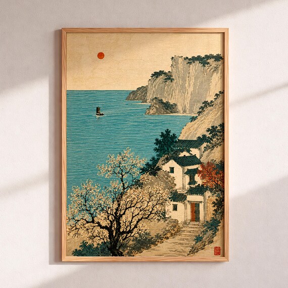 Japanese Coastal Wall Art Ukiyoe Woodblock Print Red Sun Seascape Poster Cherry Blossom Ocean Decor Zen Japandi Home Gift